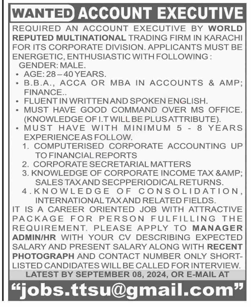 Latest Account Executive Jobs In Karachi 2024