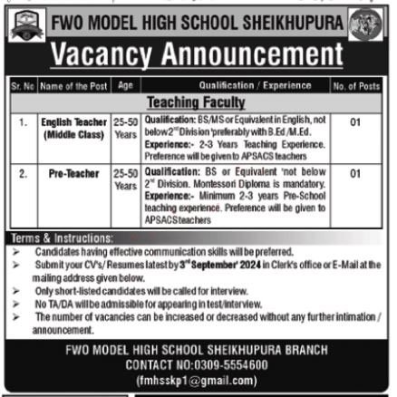 Fwo Public High School Jobs In Sheikhupura 2024